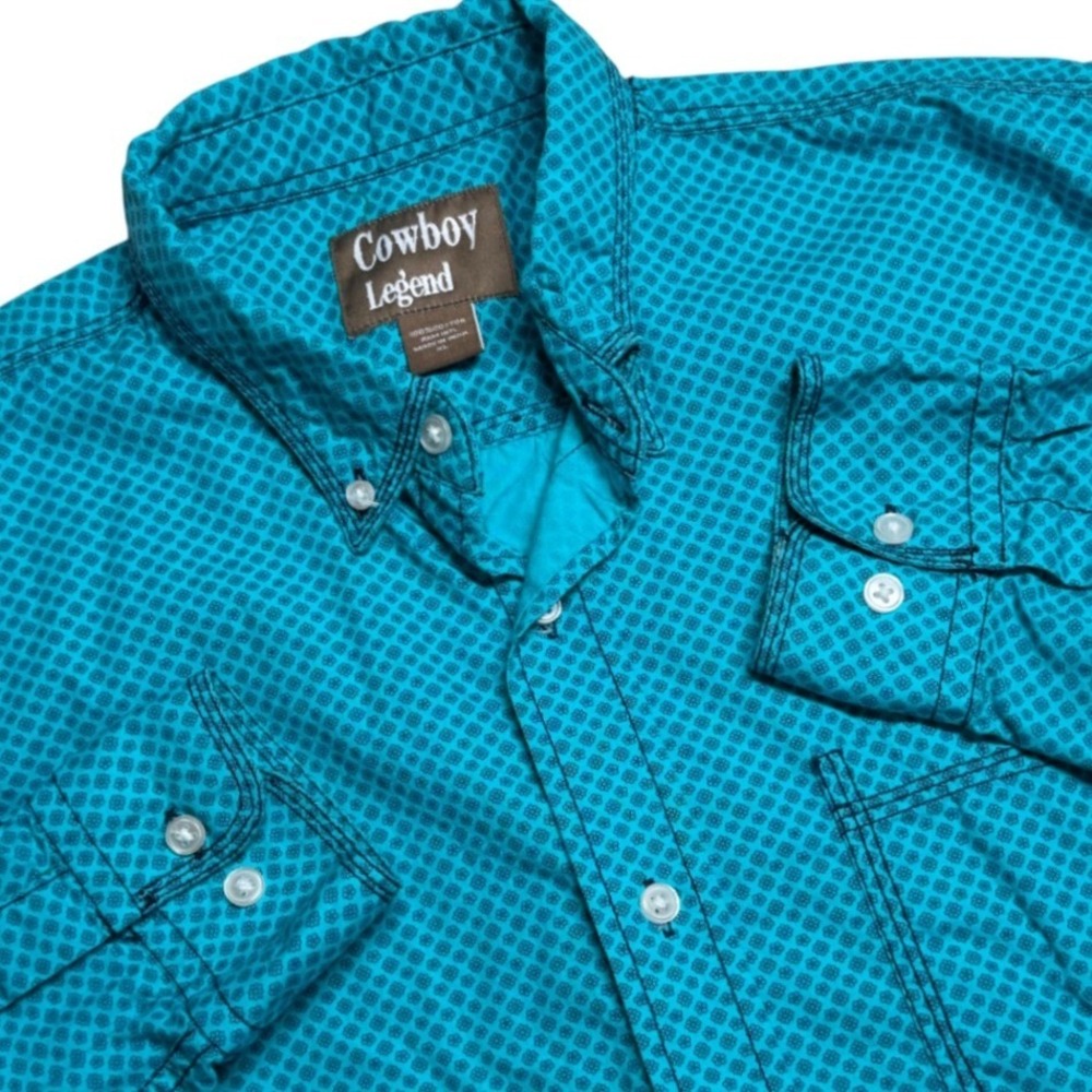 Cowboy Legend Mens‎ XL Button Down Shirt Teal Blue Geometric Western Rockabilly
